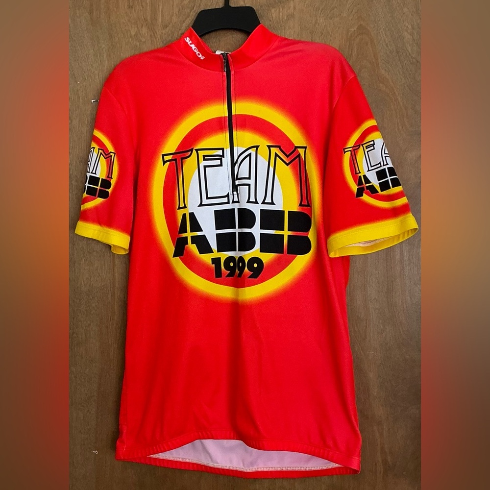 Sugoi Cycling Jersey Mens XL Red Yellow “Team ABB” 1999 Half Zip Y2K Vintage